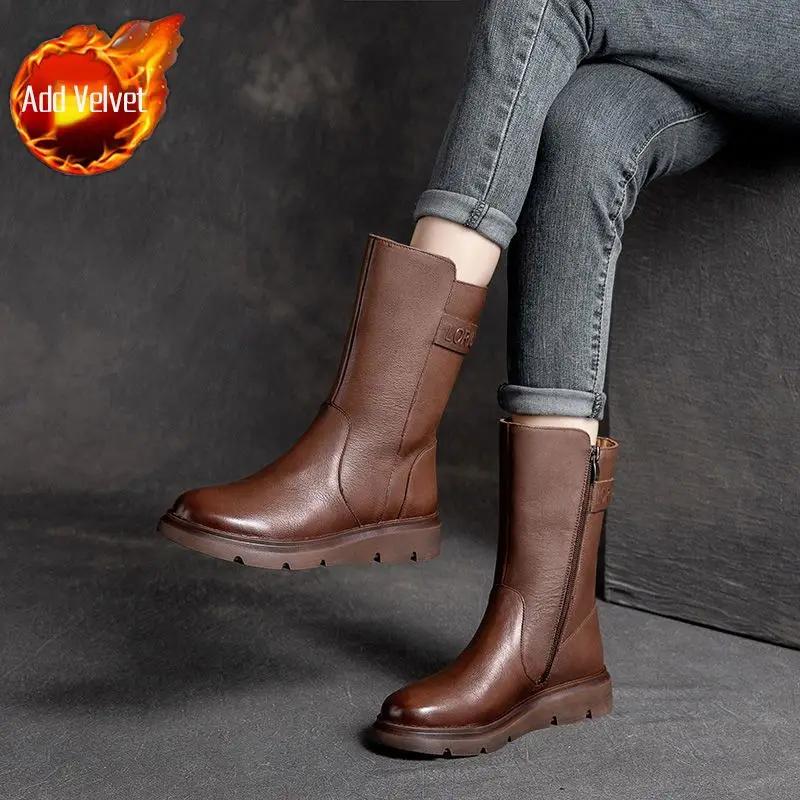 Зима 2024 Осень Элегантные Женские Полусапожки на Низком Каблуке Распродажа Моды Новые Удобные Женские Туфли До Середины Икры