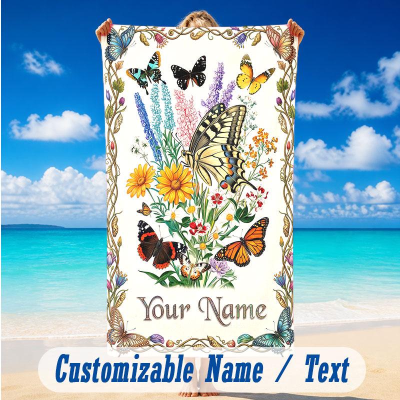 Butterfly Theme Beach Towel Personalized Custom Name & Text Soft Quick Dry Beach Towel for Swimming Travel