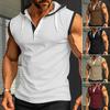 Men Muscle Hoodie with Adjustable Drawstring Buttons Neckline Hooded Sleeveless Patchwork Color Sport Vest Streetwear