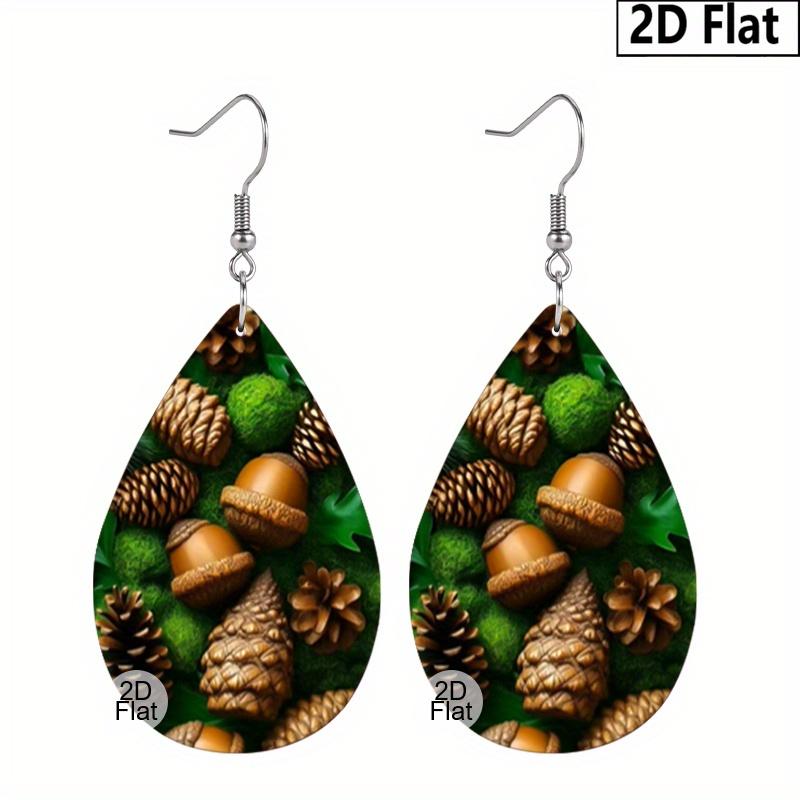 Autumn Thanksgiving/Christmas Gift Leather Women's Fashion Drop Earrings, Brown/Green Leaves Pinecone Patterned Design PU Earrings Jewelry for Wear