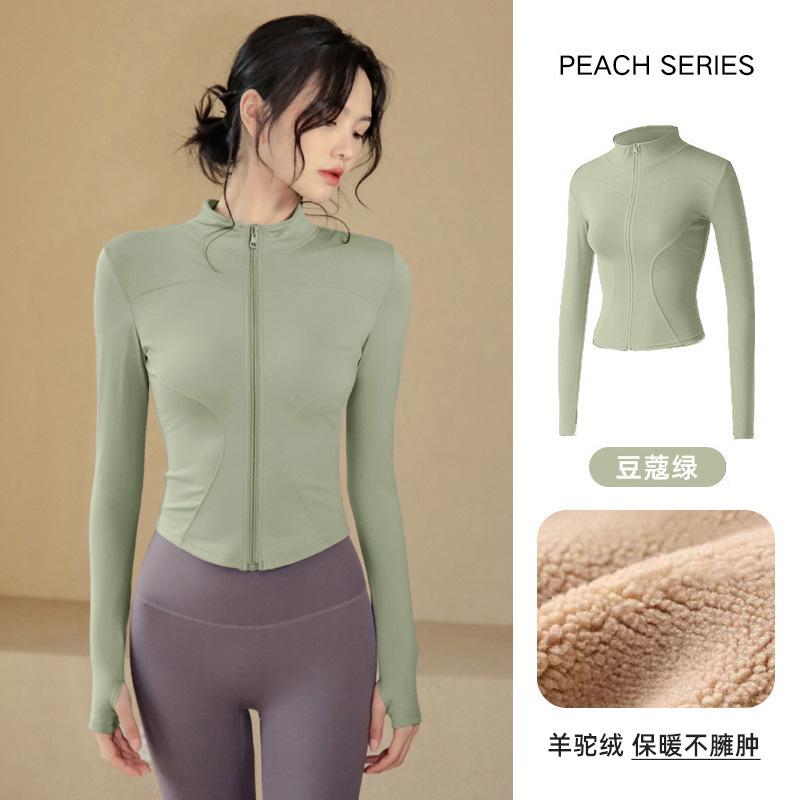 Spring warm tight stand-up neck cardigan slim yoga clothes jacket fitness clothes women's thick velvet running sports jacket