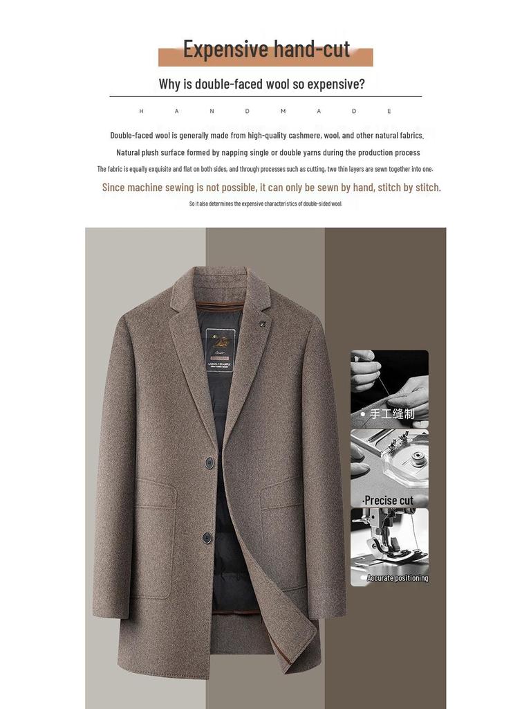 Мужское пальто средней длины премиум-класса из кашемира со съемной пуховой подкладкой и воротником-стойкой для осени/зимы.