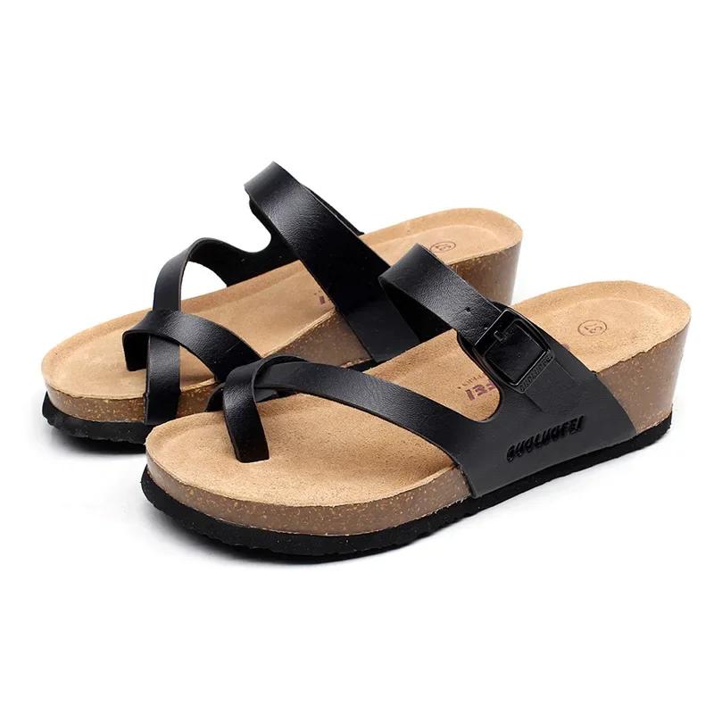 Fashion Hot Sell Women Sandals Flats Cork Slippers Casual Shoes Print Mixed Colors Slides Beach Cork Flip Flop Plus Size 35-42