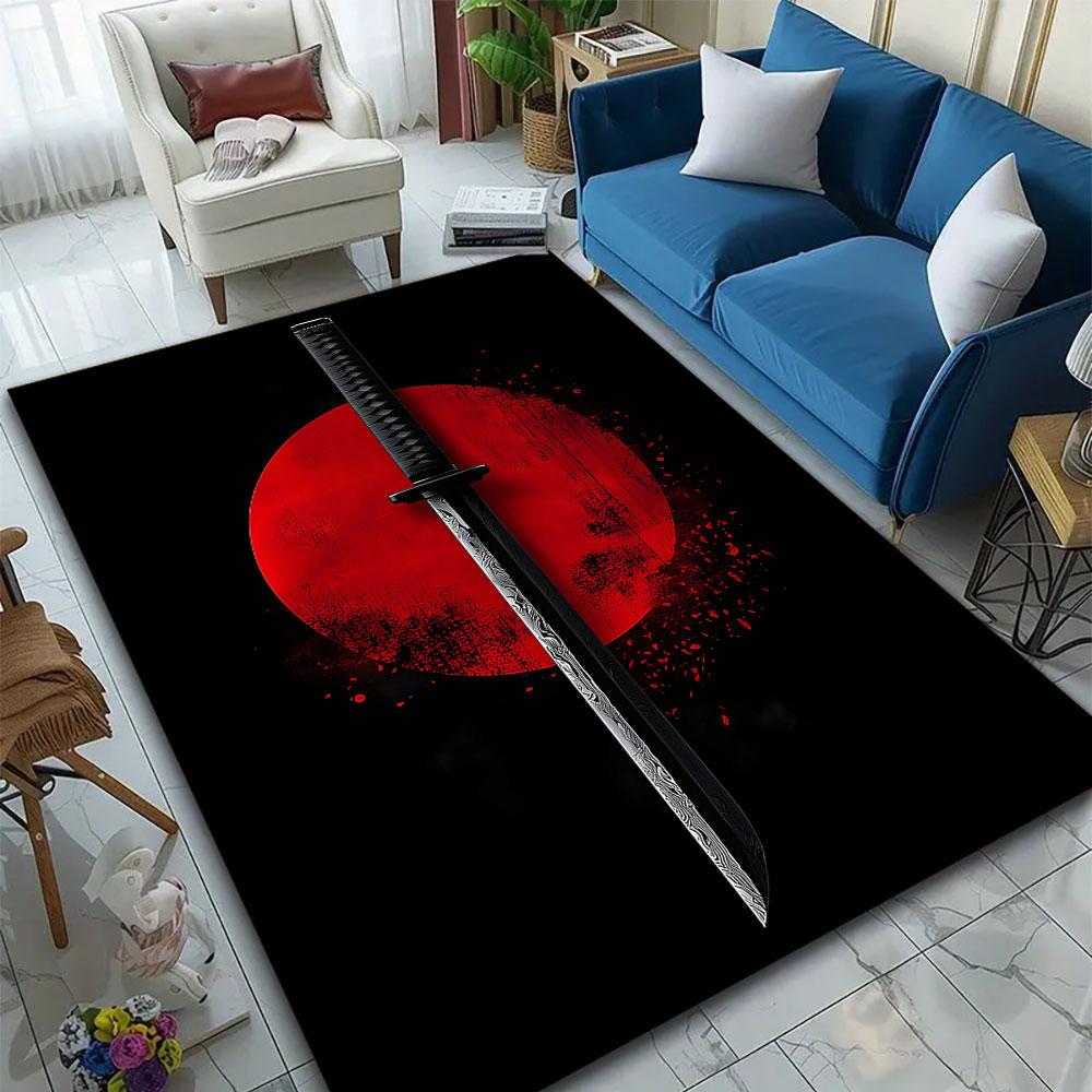 Red Sun and Samurai Sword Design Patterned carpet, suitable as a non slip play mat for the living room and bedroom sofa