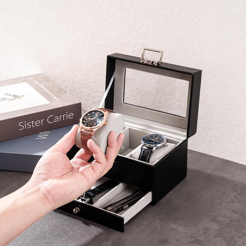 ProCase Мужская коробка для часов, 3-слотовый кейс для демонстрации часов с выдвижным ящиком, Мужской футляр для часов со стеклянной крышкой, 2-ярусный органайзер для хранения ювелирных изделий