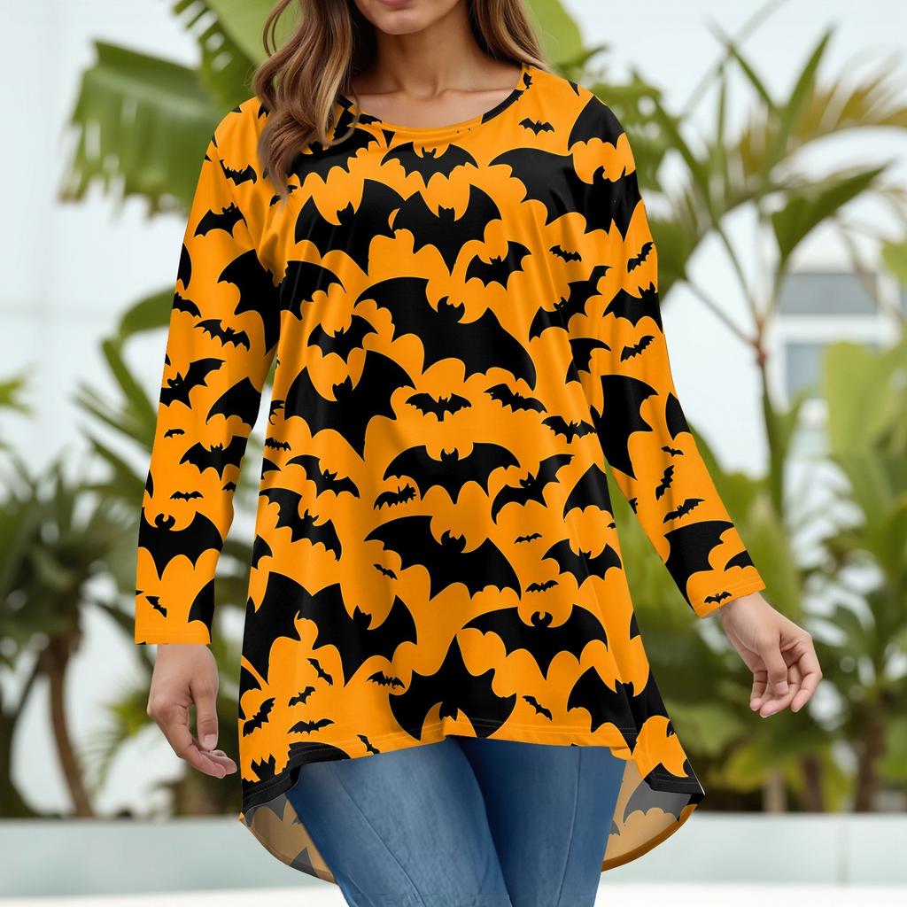 Женская мода Большой размер Круглый вырез Длинный рукав Повседневный Пуловер Топ с принтом на Хэллоуин Свободного кроя