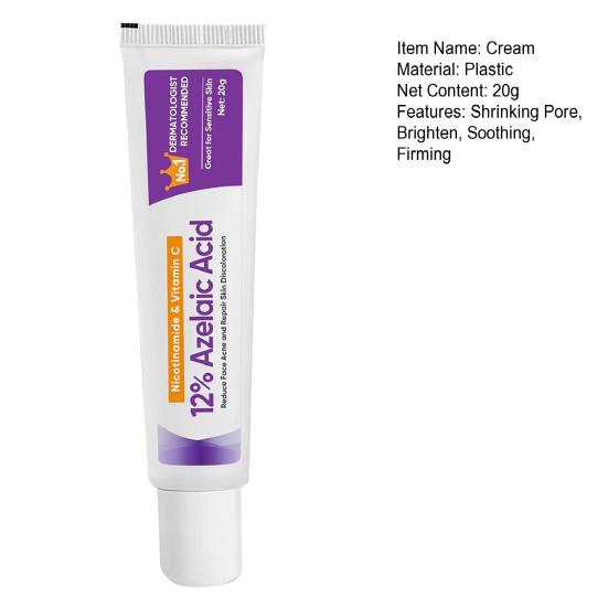Azelaic Acid 12% Cream Brightening Soothing Facial Cream 20g Oil-Free Fast Absorbing Hyaluronic Acid Essence for Relieving Face Redness Dark Spots