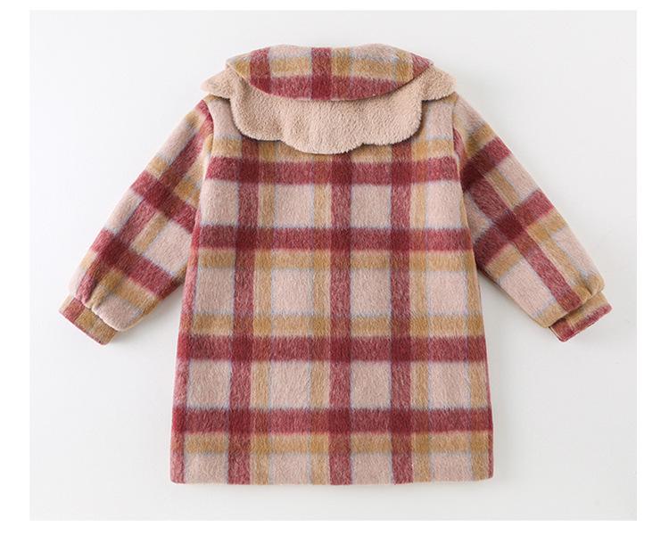 Girls' 2025 Mid-Length Plaid Wool Coat - Thickened for Autumn/Winter Warmth
