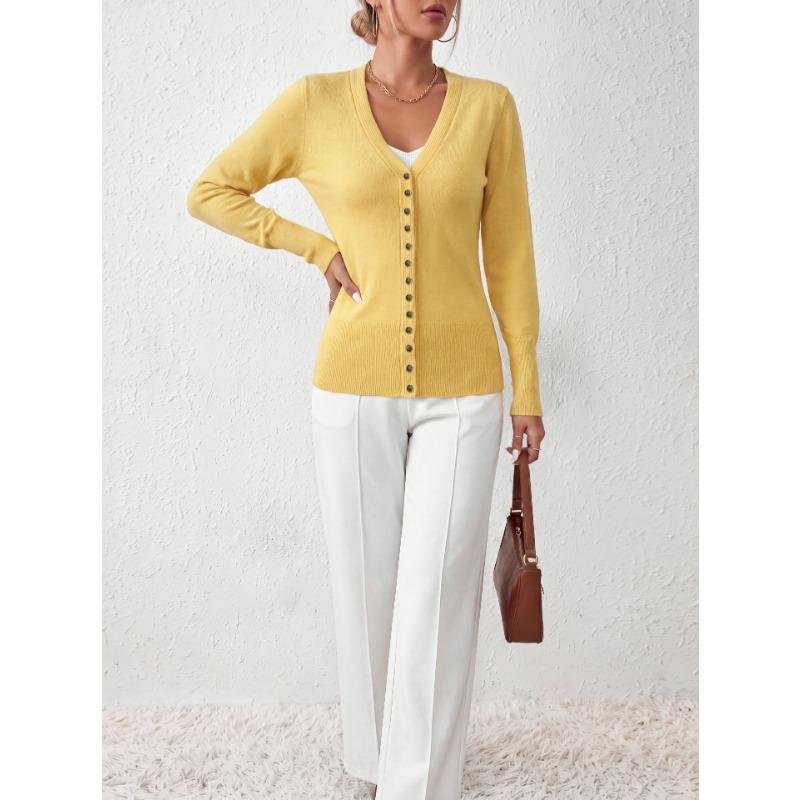 Women S Yellow V Neck Knit Cardigan Long Sleeve Slim Fit Sweater Coat