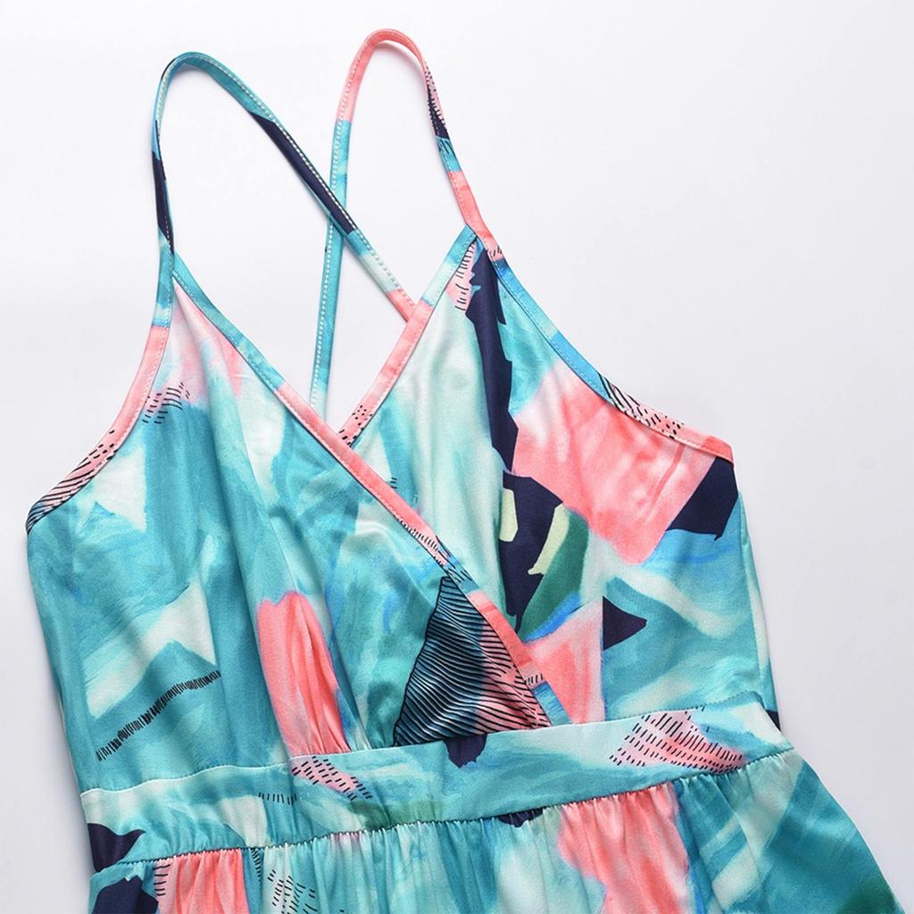 Summer Dress Dress Women's Dress Beach Skirt Print Belt Skirt Cross Strap Dress V-neck Vest Dress