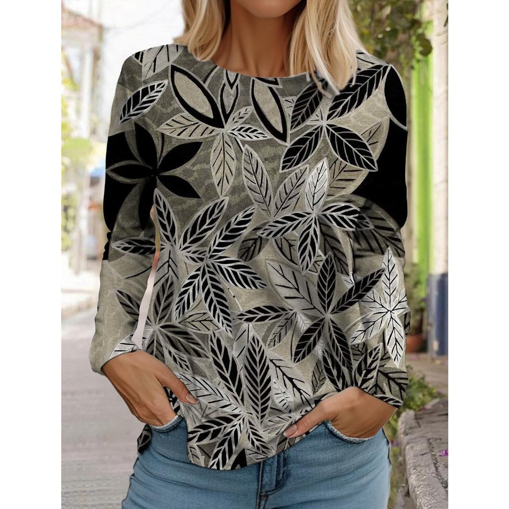 Women's White Long-sleeved Tops Round Neck Casual Tops 3d Printed Flowers Fashion Stickers Printed Women's Long-sleeved T-shirt