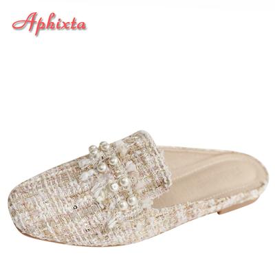 Мода Aphixta 2025 Новые Летние Жемчужные Женские Шлепанцы Женская Обувь Плоский Каблук Крутая Мода Бант Ткани Обувь Тапочки Плюс Большой Размер 43