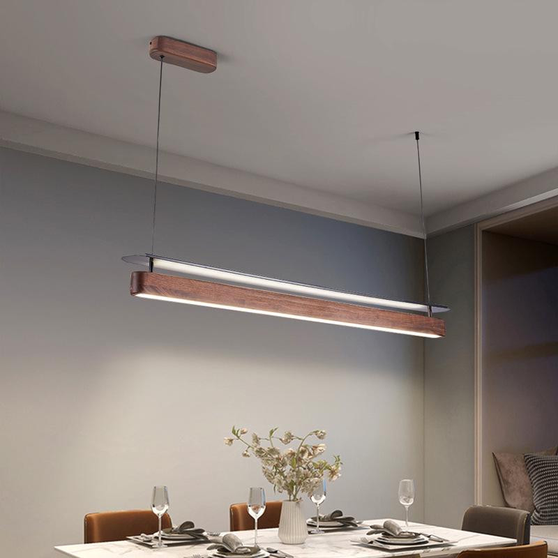 Minimalist North American Black Walnut Chandelier: Zen-Inspired Long Strip Lamp for Restaurants and Bars