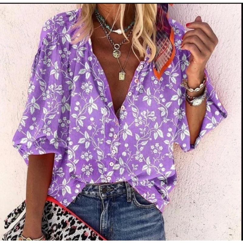 Летняя мода Стойка воротник Свободный крой На пуговицах Ретро принт Повседневные Рукава семь восьмых Женские блузки и рубашки