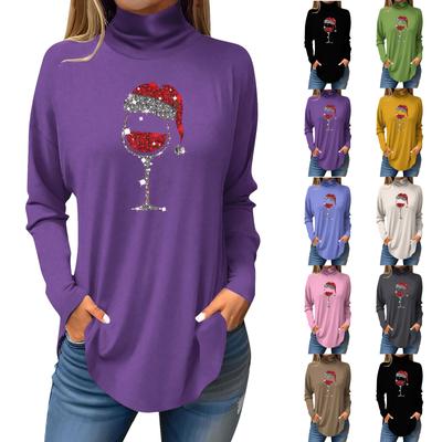 Женская свободная водолазка с рождественским принтом, футболка с длинными рукавами, топ и джемпер