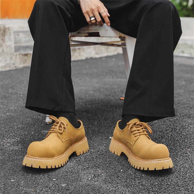 British Retro Round Head Derby Shoes Men's Tooling Leather Shoes Platform Heightening Big Head Shoes Tide 1035-X
