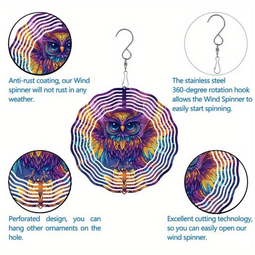 Purple Golden Owl Wind Chime with Stained Glass Outdoor Garden Decor 360 Rotating Hook No Battery Needed Easy Hang Home Art