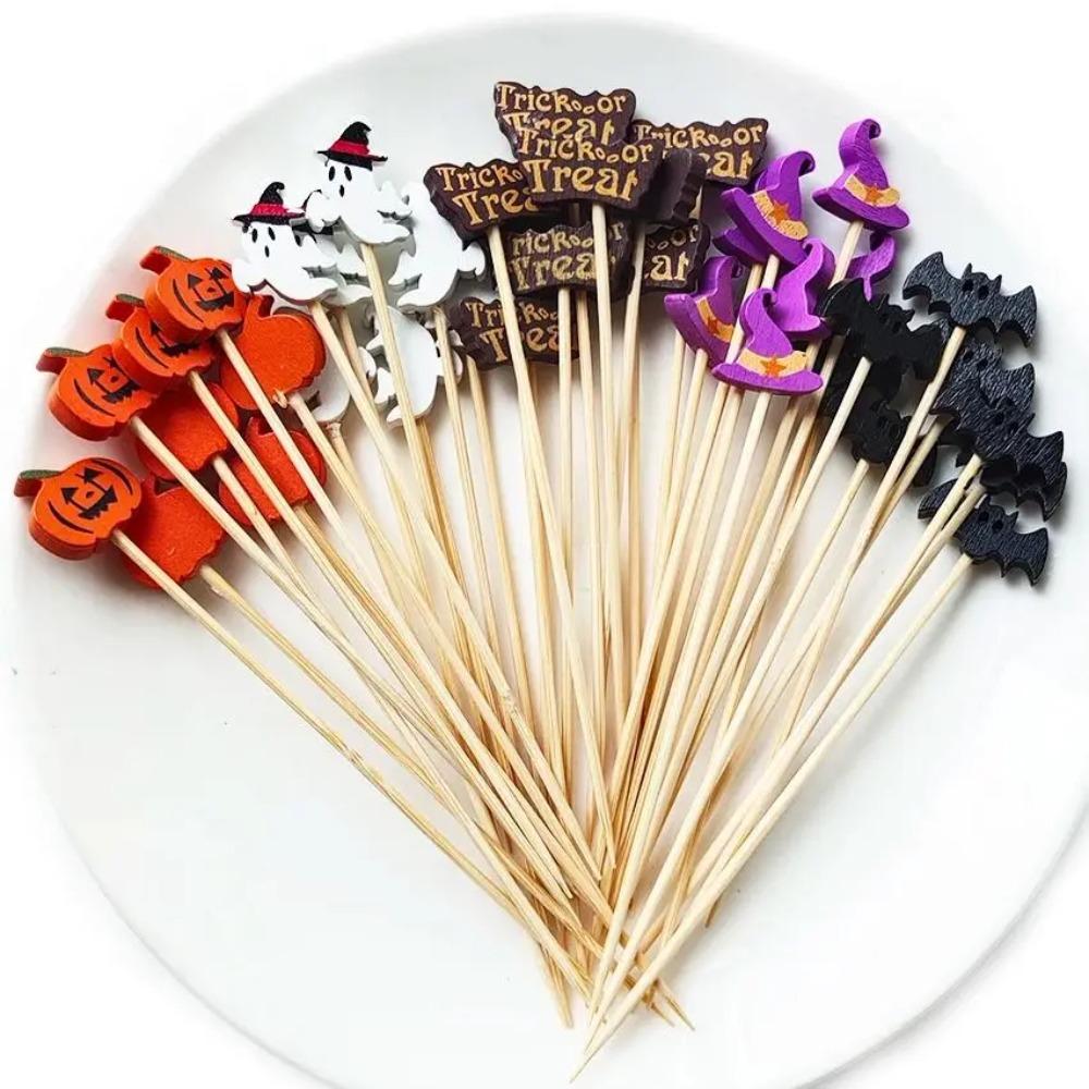 100Pcs Halloween Pumpkin Skewers Bamboo Picks Fruit Forks Buffet Dessert Toothpicks Ghost Bat Halloween Party Decoration