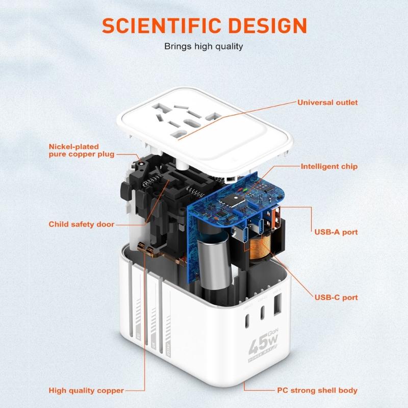 Адаптер с вилками для путешествий по всему миру 45 Вт 65 Вт, поддерживает более 300 стран, с двумя портами USB C и USB A