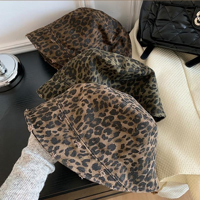 Retro Hole Design Leopard Print Bucket Hats For Women Spring And Summer Travel Sunscreen Versatile Casual Simple Basin Cap