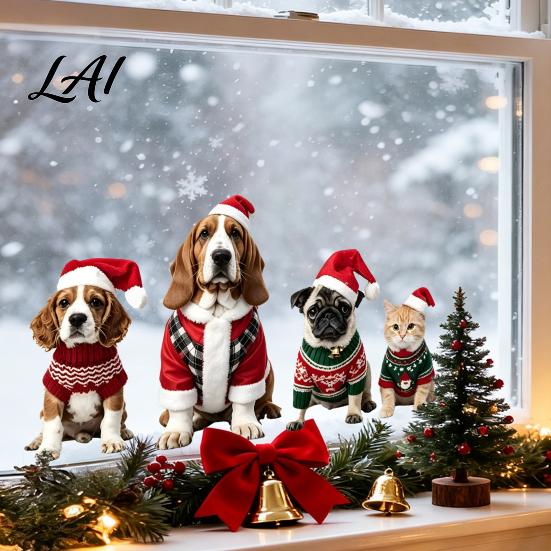 Reusable Holiday Ornaments Christmas Pet Static Window Clings Cute Dogs Cats with Santa Hat Decals Decals Xmas Festive Decor for Home Shop Seasonal