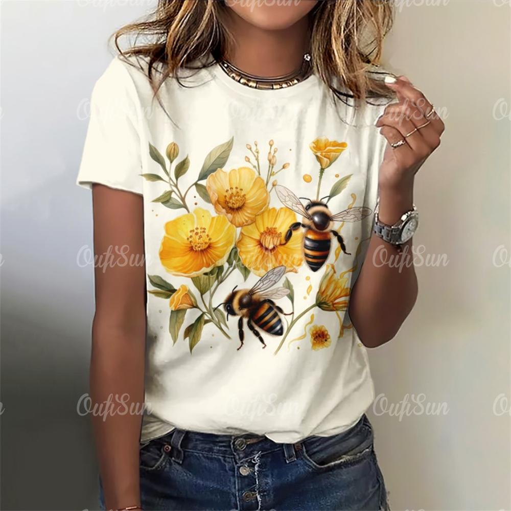 2025 Модные женские футболки, блузки с принтом пчелы, топы для женщин, базовые повседневные женские футболки с принтом, свободная женская одежда