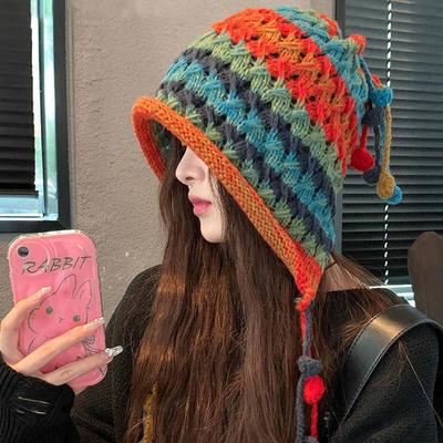 Японская вязаная крючком шапка из цветной шерсти ручной работы для женщин на осень и зиму, утолщенная, теплая, с защитой ушей, вязаная шапка с кисточкой, шапка-пуловер