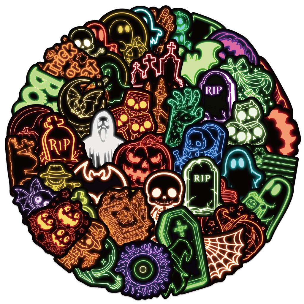 50-Piece Neon Halloween 2 Decorative Retro Cartoon Stickers - DIY Decals for Phone Cases, Skateboards & Toy Decor