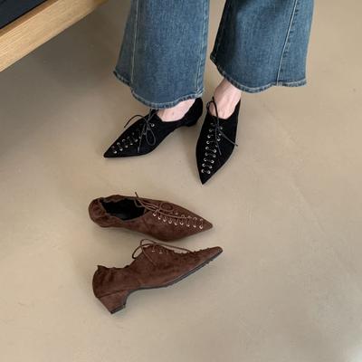 2025 новые замшевые женские туфли на низком толстом каблуке с глубоким вырезом, на шнуровке, персонализированные, для работы и повседневной носки