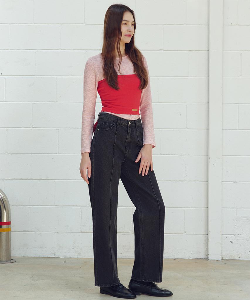 JBYRARA Pintuck Detail Straight Fit Denim Pants_Black