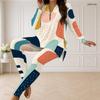 Women Plus Size Front Zip Long Sleeve Printed Longline Top Fitted Pants Two Piece Set
