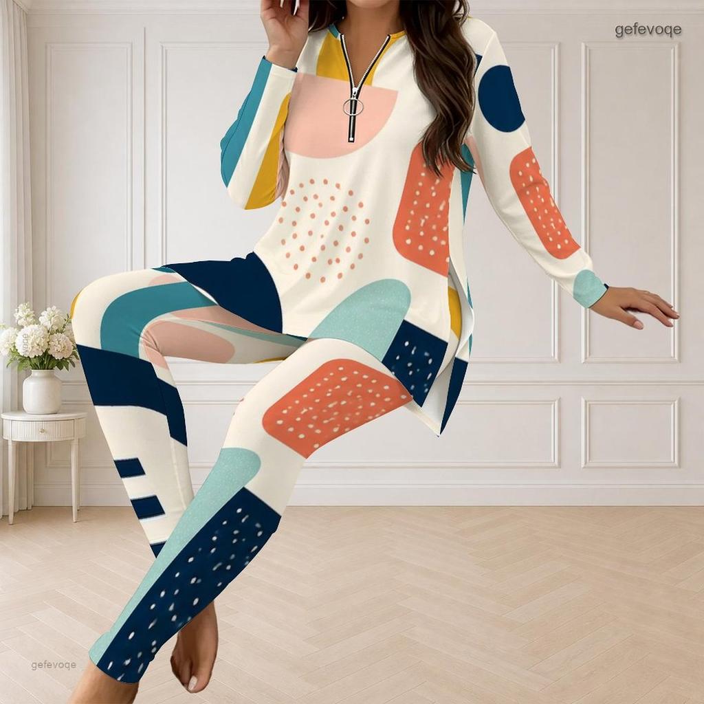 Women Plus Size Front Zip Long Sleeve Printed Longline Top Fitted Pants Two Piece Set