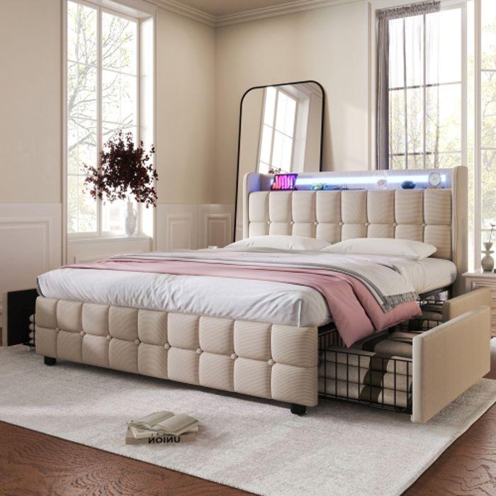 Lit double - MUVOE - 180x200 cm - Beige - Éclairage LED - 4 tiroirs - Recharge USB