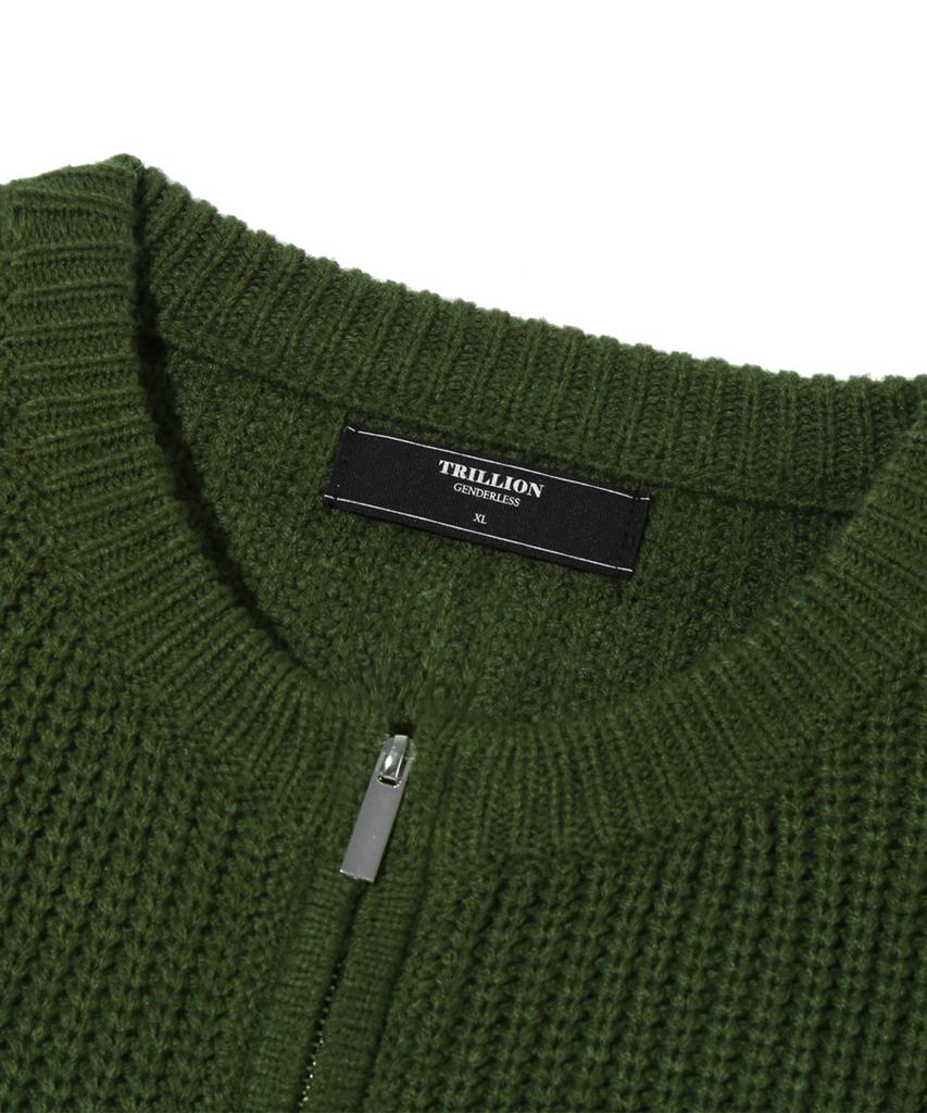 TRILLION Washable Round Neck Hachi Zip-Up Knit (Khaki)