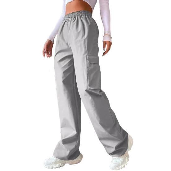 Women Cargo Pants Elastic Waist Wide Leg Solid Color Trousers Casual Joggers Sweatpants with Side Flap