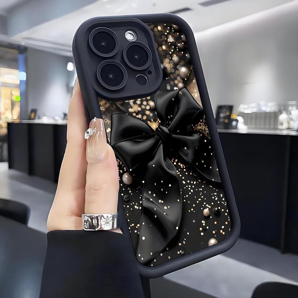 Черный Чехол для iPhone 15/16/17 Pro Max с Блестками в виде Банта и Прорезью для Глаза в виде Лестницы