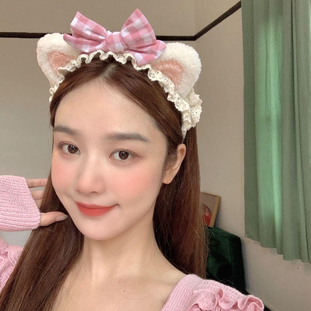 Plush Headdress Wash Face Plaid Bow Women Accessories Korea Style Headband Cat Ears Lace Hair Band