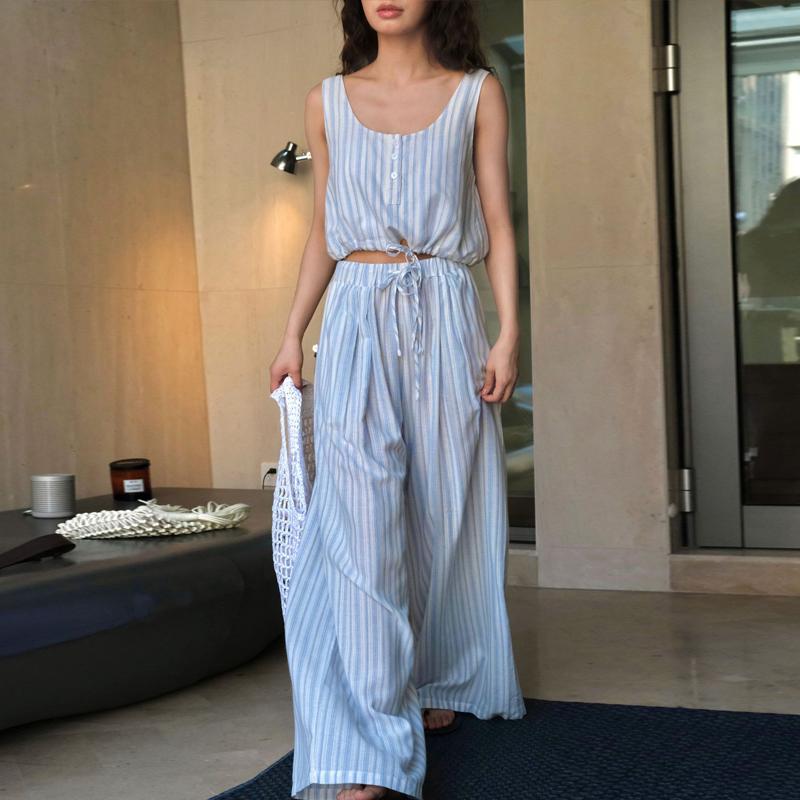 Johnature Summer Korean Resort Striped Loose Loose Pants Casual Wide-leg Breathable Full Length Trousers Women
