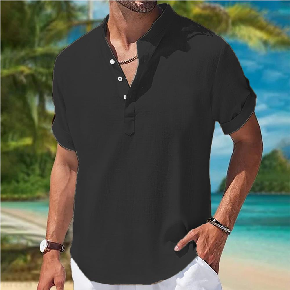 Summer Men's Oversized Shirt Youth Home Solid Color Short Sleeve Blouse Buttons Henry Collar Shirts Casual Men Top