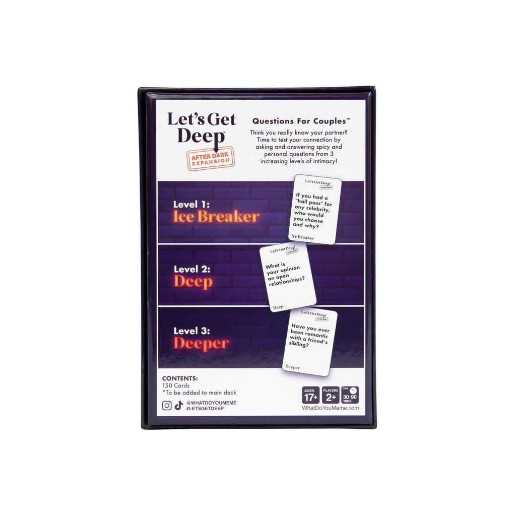 Get After Dark Expansion Pack Разработан как дополнение к Get Deep Core Party Game Игра на тему отношений, полная вопросов для пар Let's Deep –