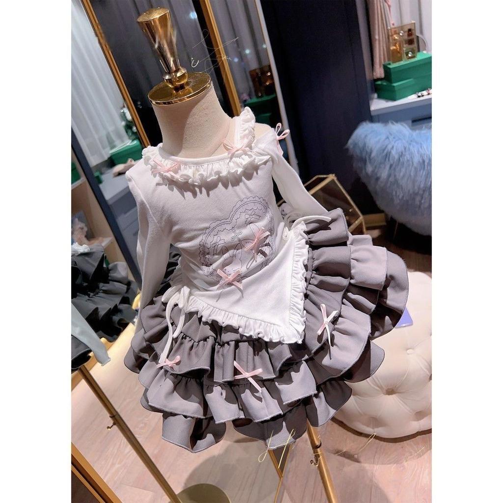 Girls Sweet Cool Long Sleeve Lace Trim Tiered Dress Set for Spring Autumn