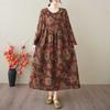 Spring and Summer New Style Retro Cotton and Hemp Round Collar Pocket Long-sleeved Dress Female Loose Thin A Line Skirt