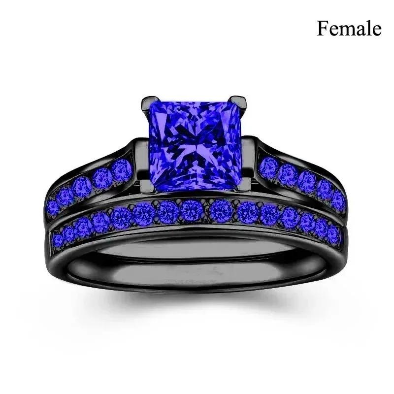 Fashion Couple Rings Romantic Women Blue Rhinestones CZ Rings Set Trendy Men Stainless Steel Rings Wedding Band Jewelry Gifts
