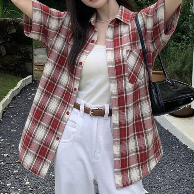American Retro Plaid Short-sleeved Shirt Women's Summer Casual Loose and Thin Versatile Lazy Top Jacket Short Sleeve Shirt Oversized Casual Summer