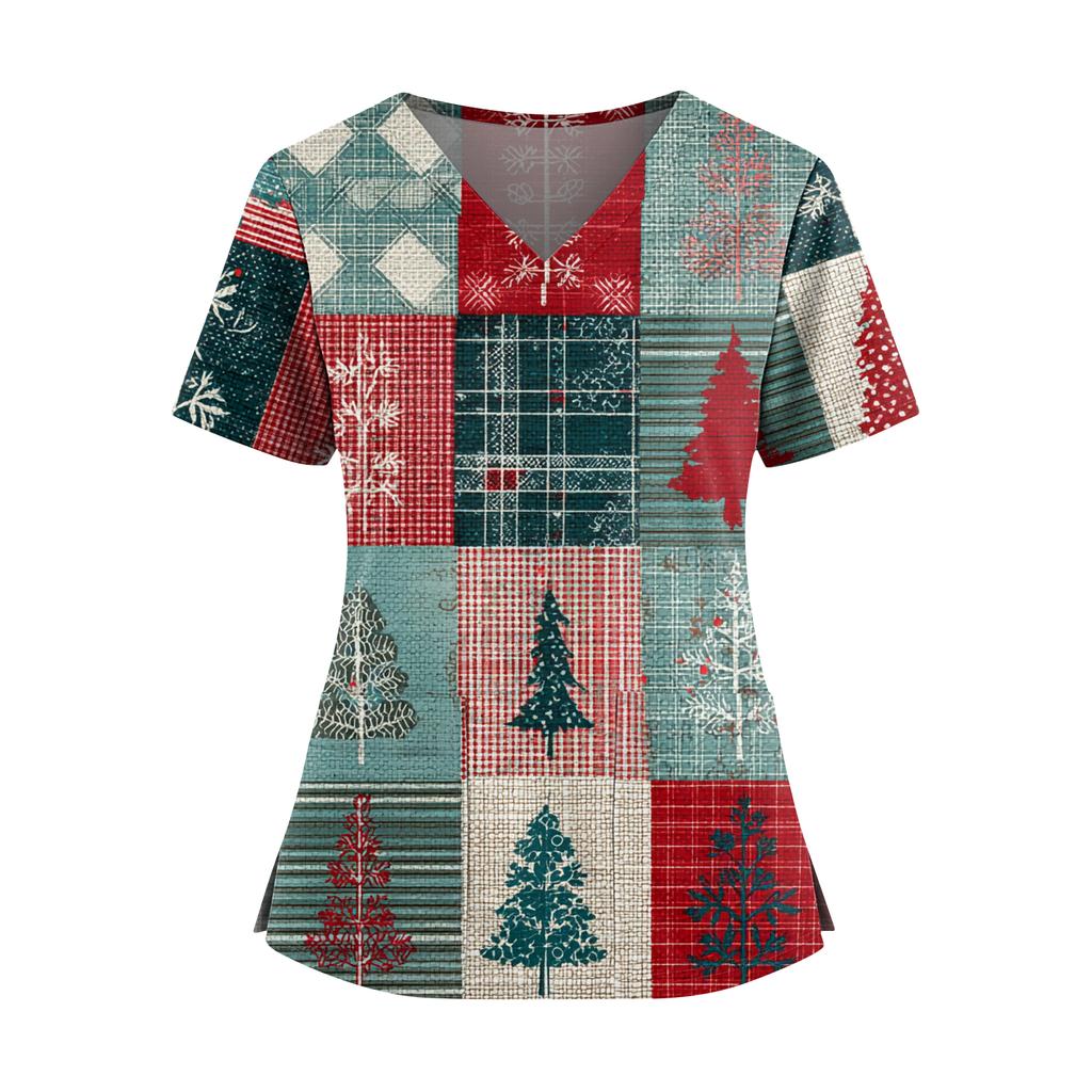 Women's Christmas Print V-Neck Double Pocket Short Sleeves Hem Slit Uniform And Caregiver Top