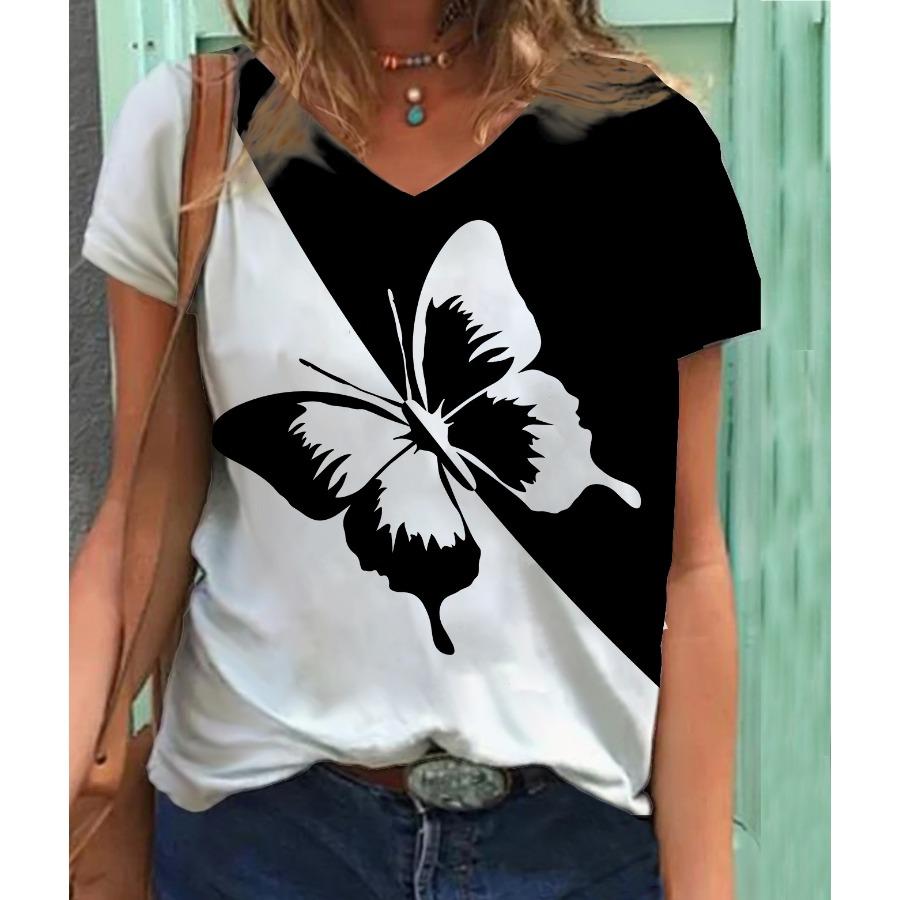 Butterfly Themed 3D Printed T-shirt V-neck 3D Printed Women's Short Sleeved T-shirt Top