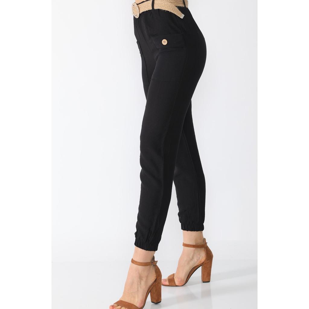 Брюки-морковки с высокой талией и поясом, передние карманы