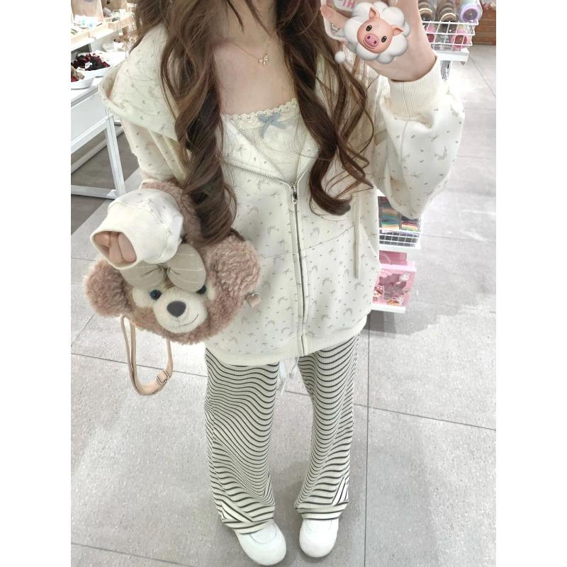 Soft Girl Sweet Hoodies Women Y2k Harajuku Kawaii Top Bow Print Oversized Hooded Casual Top Coat