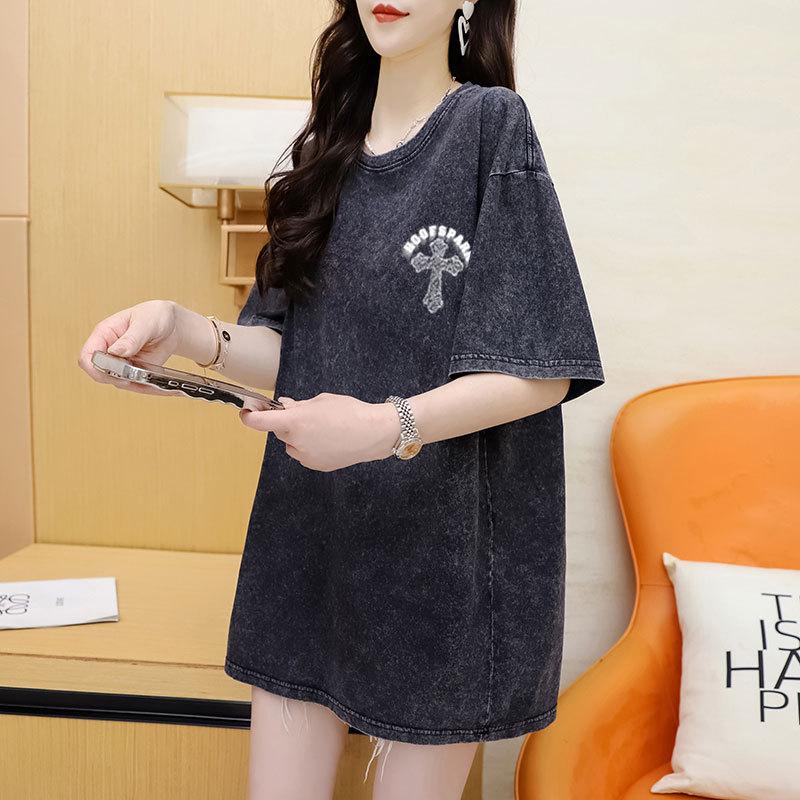 Женская летняя выстиранная под старину базовая свободная футболка средней длины с модным принтом и коротким рукавом