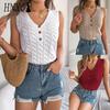Summer Solid Color Button V-neck Cuffed Sleeveless Top Vacation Knitted Sweater Women's Wear